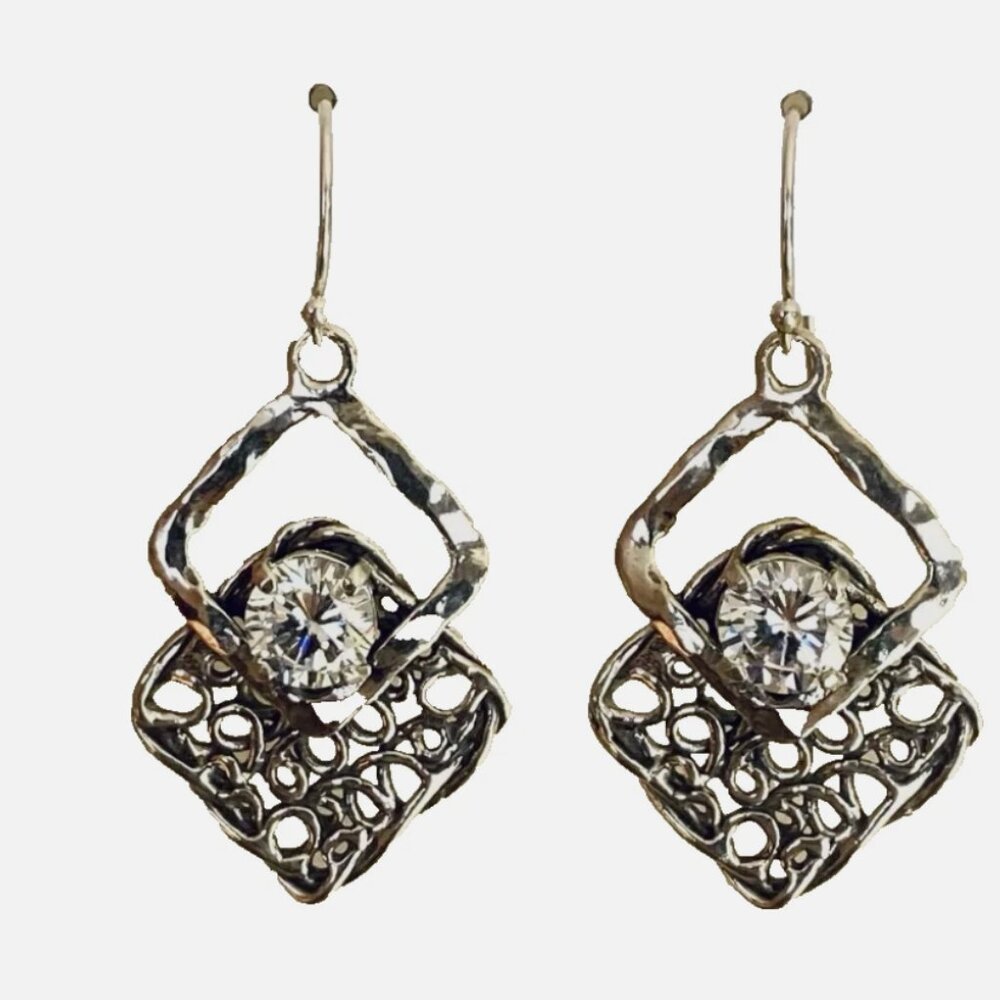 Noa Zuman Sterling Silver 925 Earrings Filigree w CZ Stone Israel 1.5in long